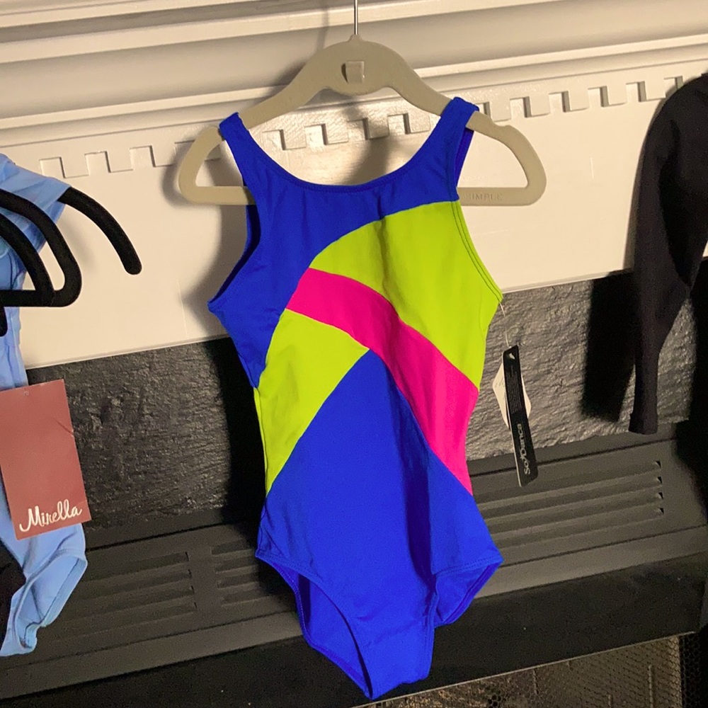 Youth SoDanca leotard. Blue, avocado, fuchsia for girls in dance or theater.